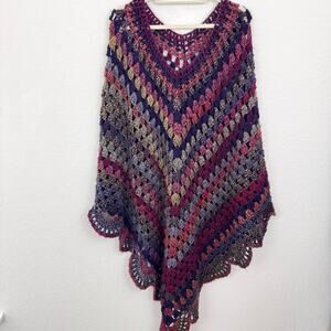 Unbranded Women Open Knit Crochet Poncho One Sz Hand Made Winter Boho Colorful